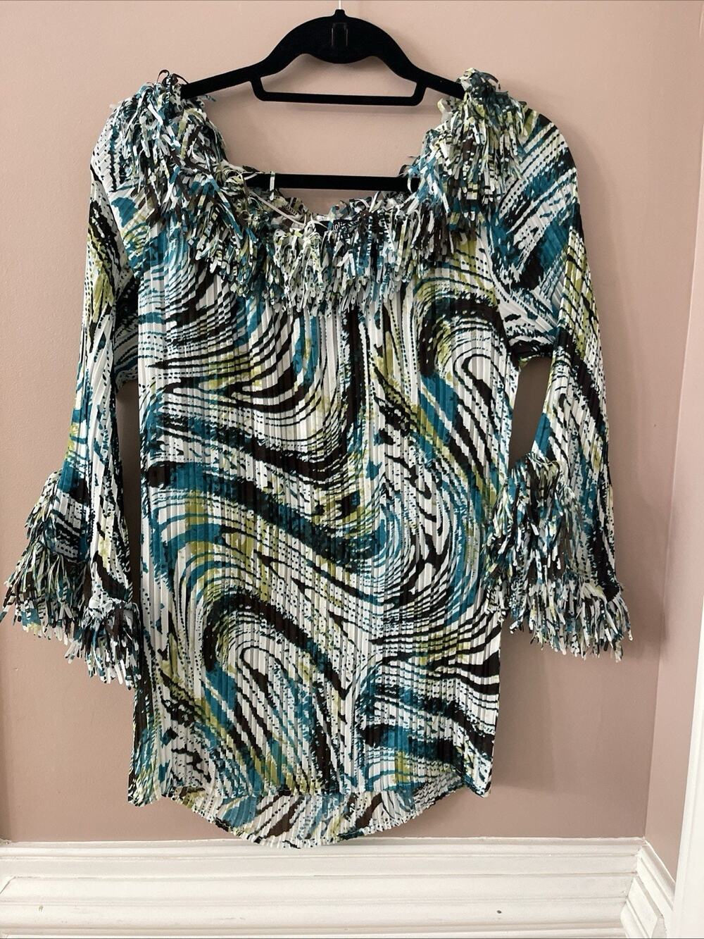 Violin Top Womens L Abstract Swirl Pleated Blouse Artsy Teal Green Fringe Trim